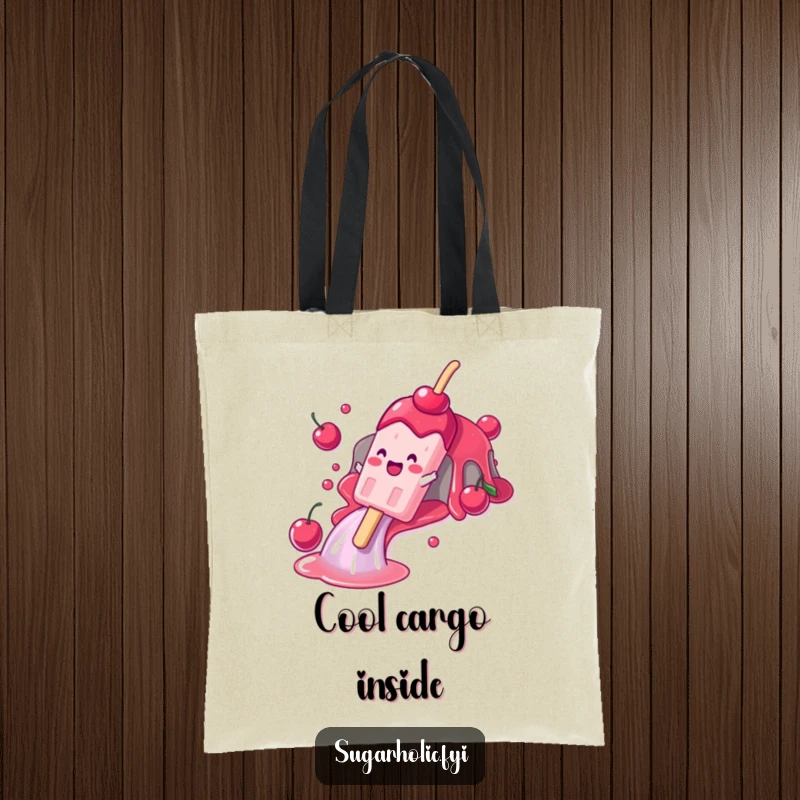 Funny tote bag illustrating a gleeful popsicle character effortlessly sliding down a cherry syrup waterfall, symbolizing carefree joy and refreshing fun.