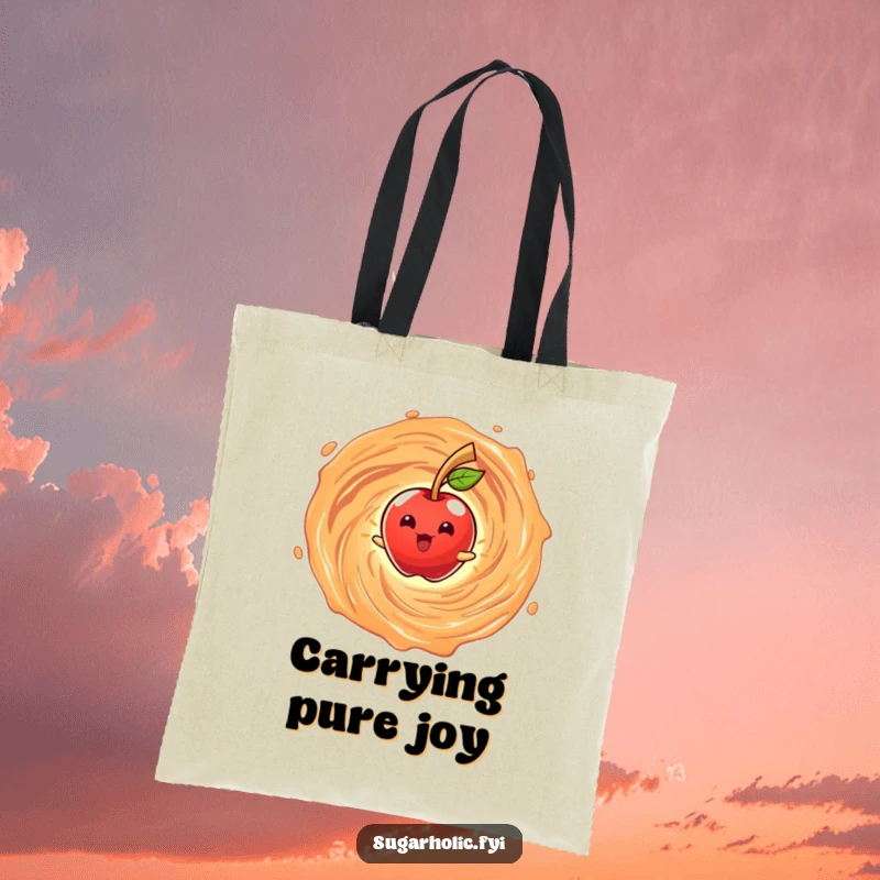 Funny tote bag featuring a beaming anthropomorphic candy apple character spinning in a caramel vortex, perfect for carrying sweet humor.