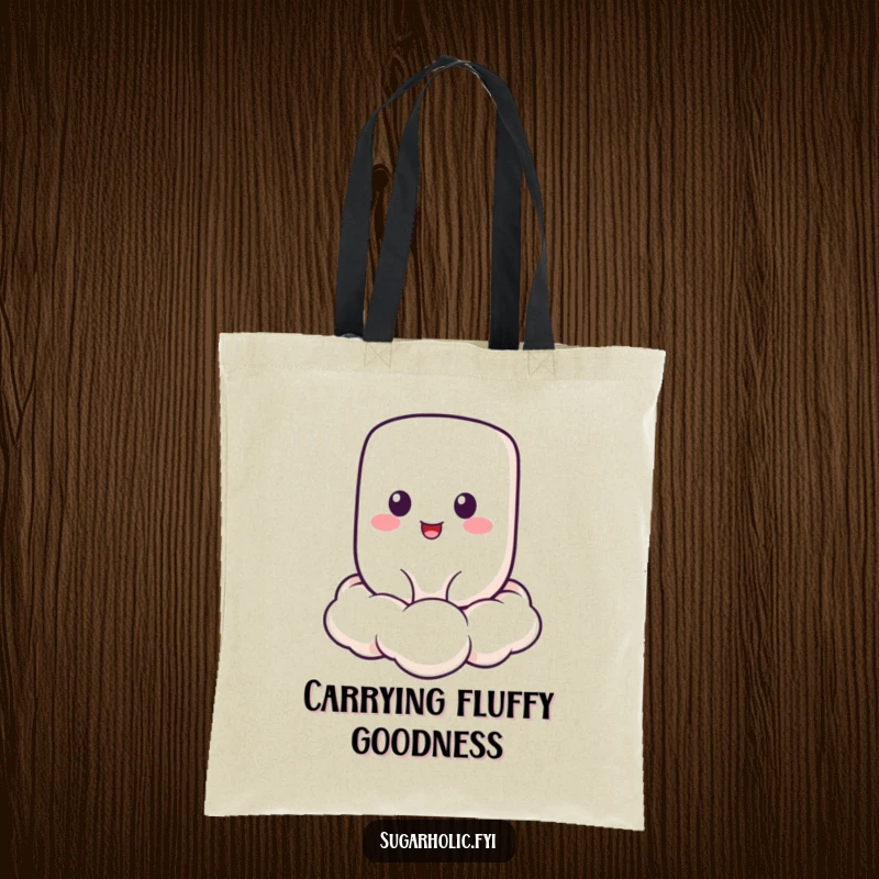 Funny Marshmallow Tote Bag with a cheerful marshmallow character floating on a cloud, a sweet and funny gift.