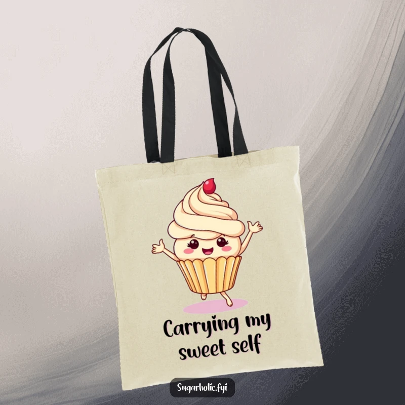 Funny cupcake tote bag with a cheerful character dancing with frosting swirls, stylish and hilarious accessory for shopping or daily use.