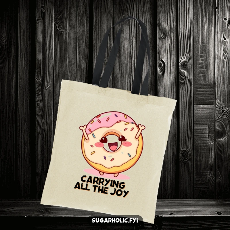 Funny donut character with sprinkles bouncing energetically on a durable tote bag, illustrating a fun and humorous accessory for a funny gift.