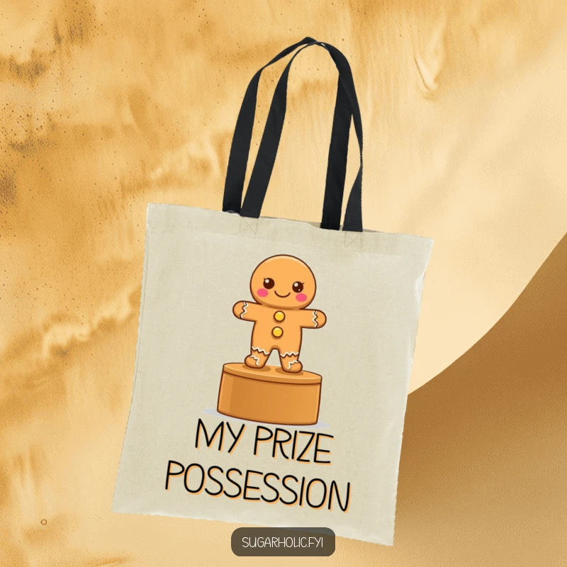 Funny tote bag featuring a proud gingerbread cookie with button eyes on a podium, ideal for stylish, victorious carrying.