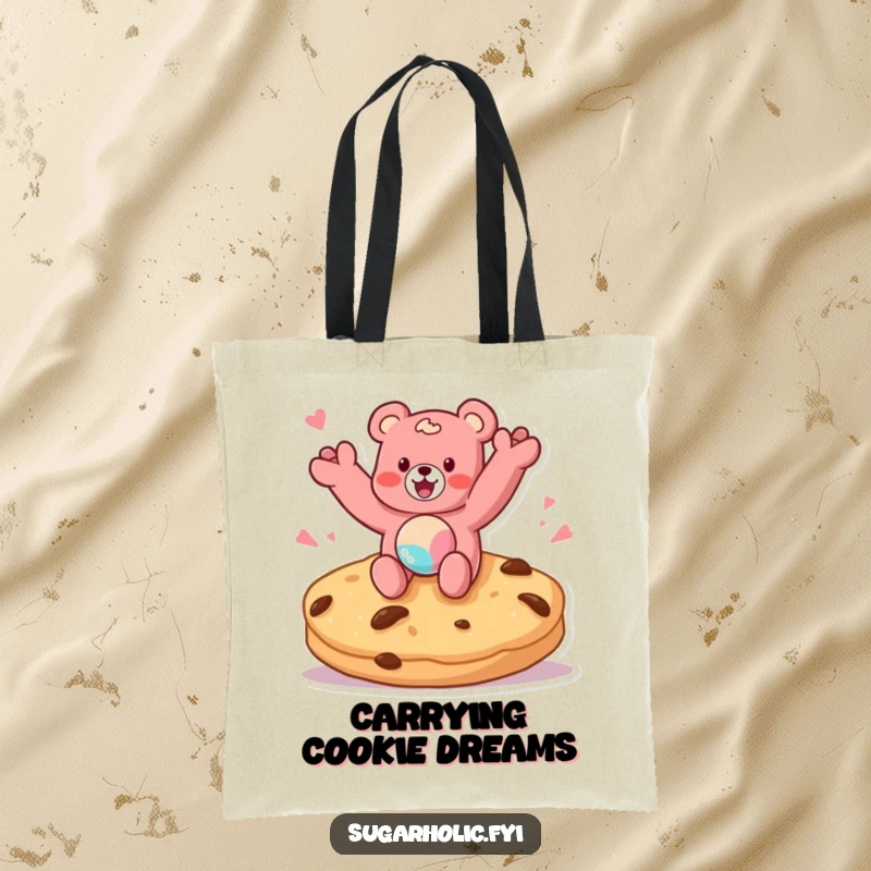Funny tote bag featuring a gummy bear character jumping on a giant cookie, perfect for carrying essentials with a sweet, humorous twist.