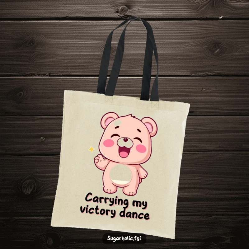 Funny Gummy Bear Tote Bag depicting a thrilled gummy bear character excitedly wiggling, perfect for carrying groceries with a smile.