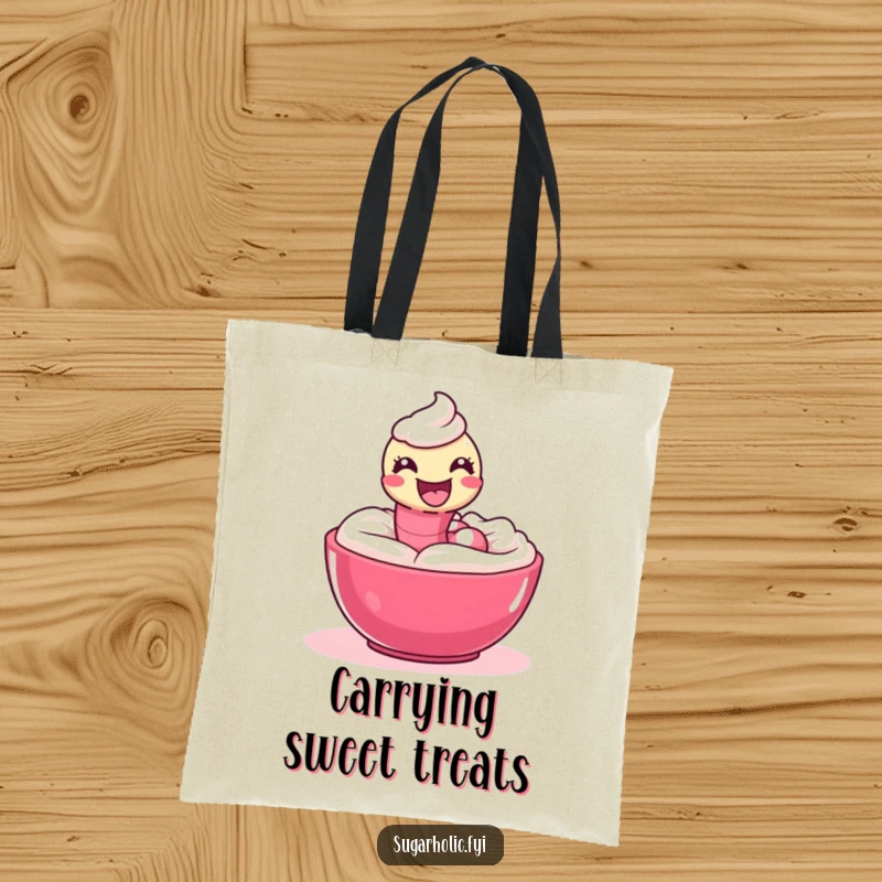 Funny Tote Bag showcasing a delighted gummy worm playfully slithering through a bowl of icing.