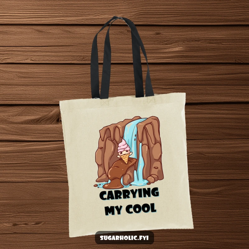 Funny ice cream cone tote bag with a giddy character sliding down a chocolate waterfall, stylish and hilarious accessory for daily adventures.