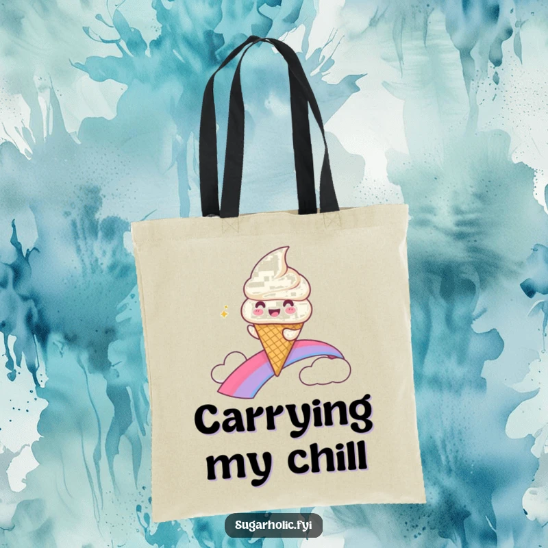 Funny Tote Bag showcasing a gleeful ice cream cone character happily sliding down a colorful rainbow.