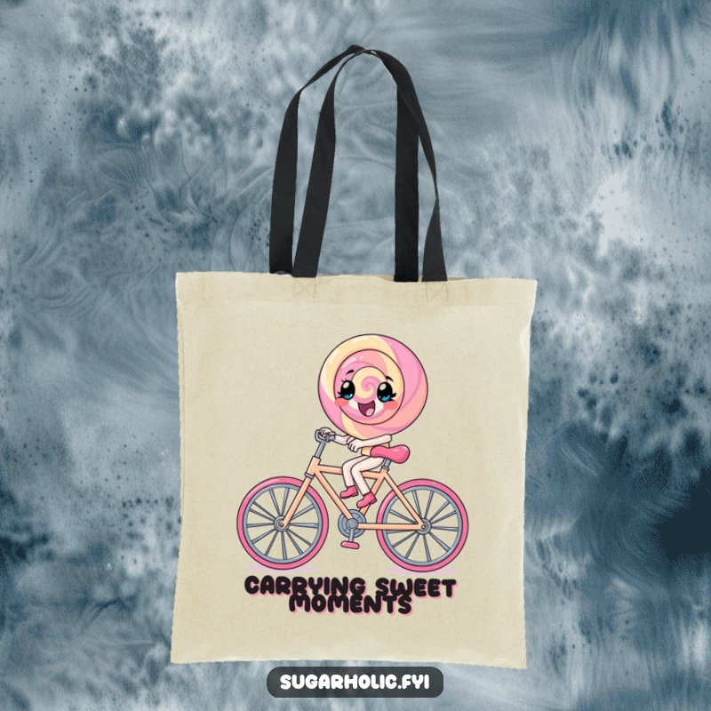Funny lollipop character pedals a rock candy bicycle, a whimsical and humorous design perfect for this tote bag.