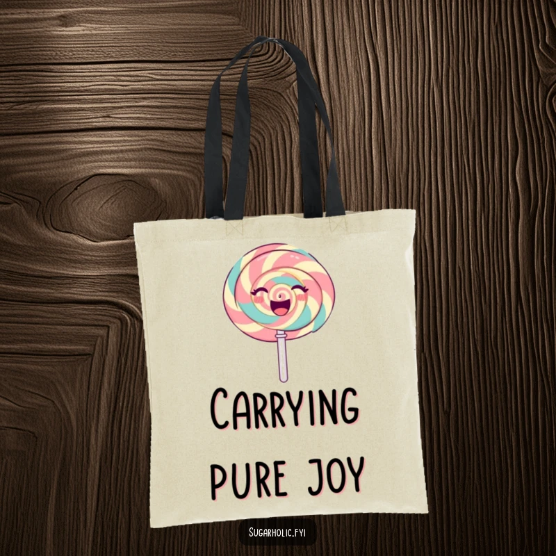 Funny gleeful lollipop character spinning joyfully with a beaming, sweet expression, a stylish tote bag for carrying joy.