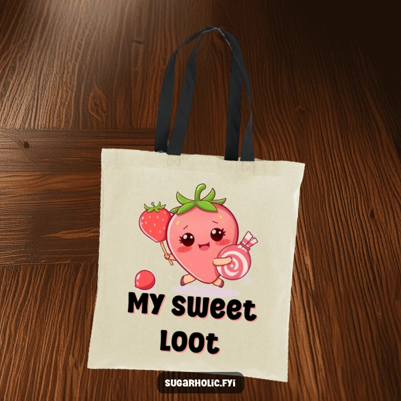 Funny tote bag illustrating a blushing strawberry character chasing a piece of candy, perfect for carrying essentials with a humorous touch.