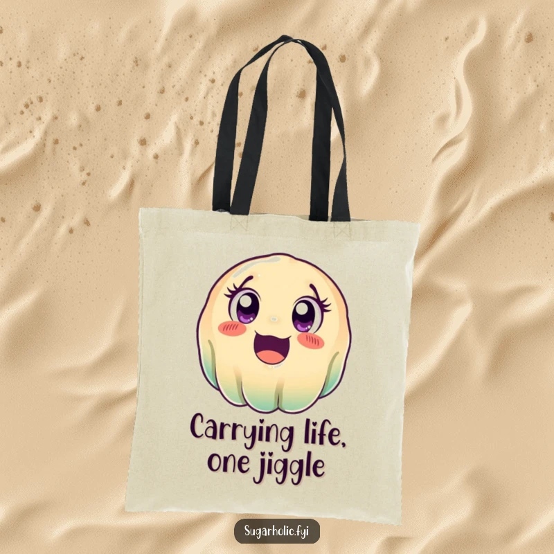 Funny wobbly jelly tote bag, a practical accessory adorned with a cute, excited rolling cartoon jelly, ideal for shopping and gifts.