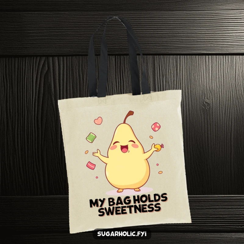 Funny laughing pear tote bag, showcasing a cartoon pear gleefully juggling candies, a delightful and practical accessory.