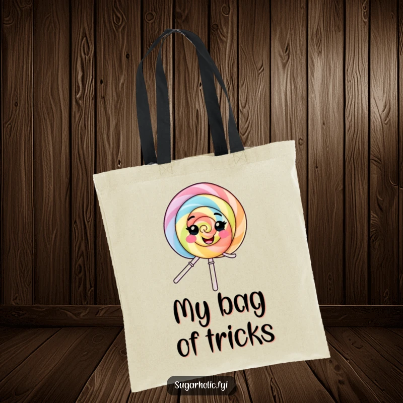 Funny Tote Bag: A durable tote featuring a smiling lollipop character joyfully spinning, perfect for carrying daily items with a dose of fun.
