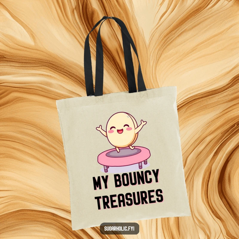 Funny macaron tote bag with a delighted character bouncing on a jelly bean trampoline, stylish and hilarious accessory for daily errands.