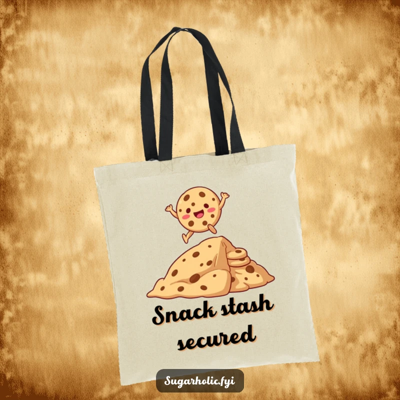 Funny tote bag with a joyful cookie character energetically leaping over a massive pile of cookies, ready for adventure.